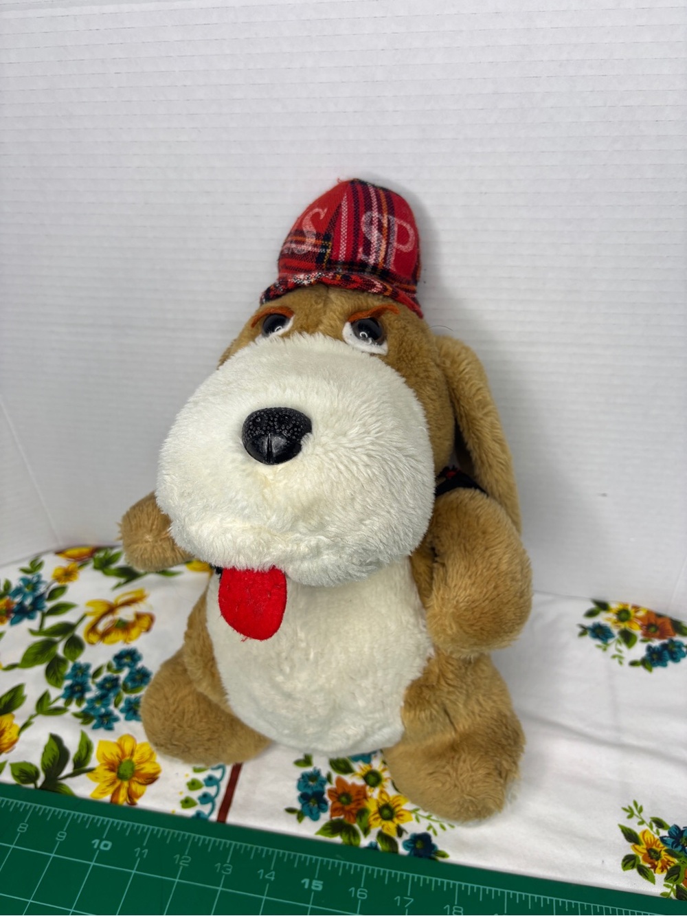 Vintage 70s Plush Dog Toy SP Soft Stuffed Animal Detective Plaid Hat & Cape